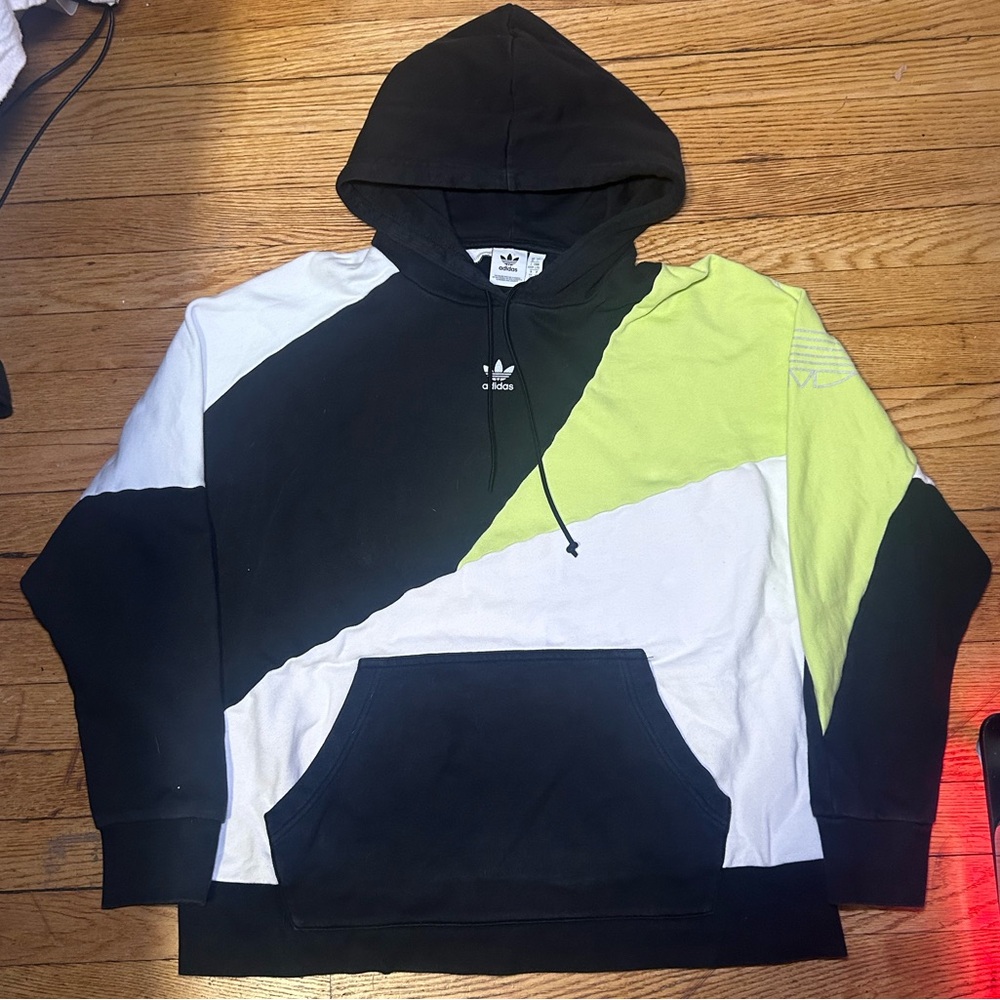 adidas Men's Tri-Color Hoodie in Black, White, and Lime size large